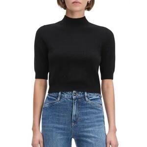 Ann Taylor 100% Cashmere Top Size M Black Short Sleeve Mock Cropped Sweater